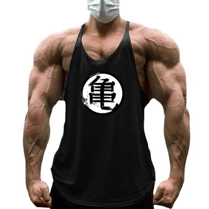 Japanese Anime Turtle Script Printed Mens Y Back Gym Clothing Cotton Fitness Tank Top Bodybuilding Muscle Stringer Singlets