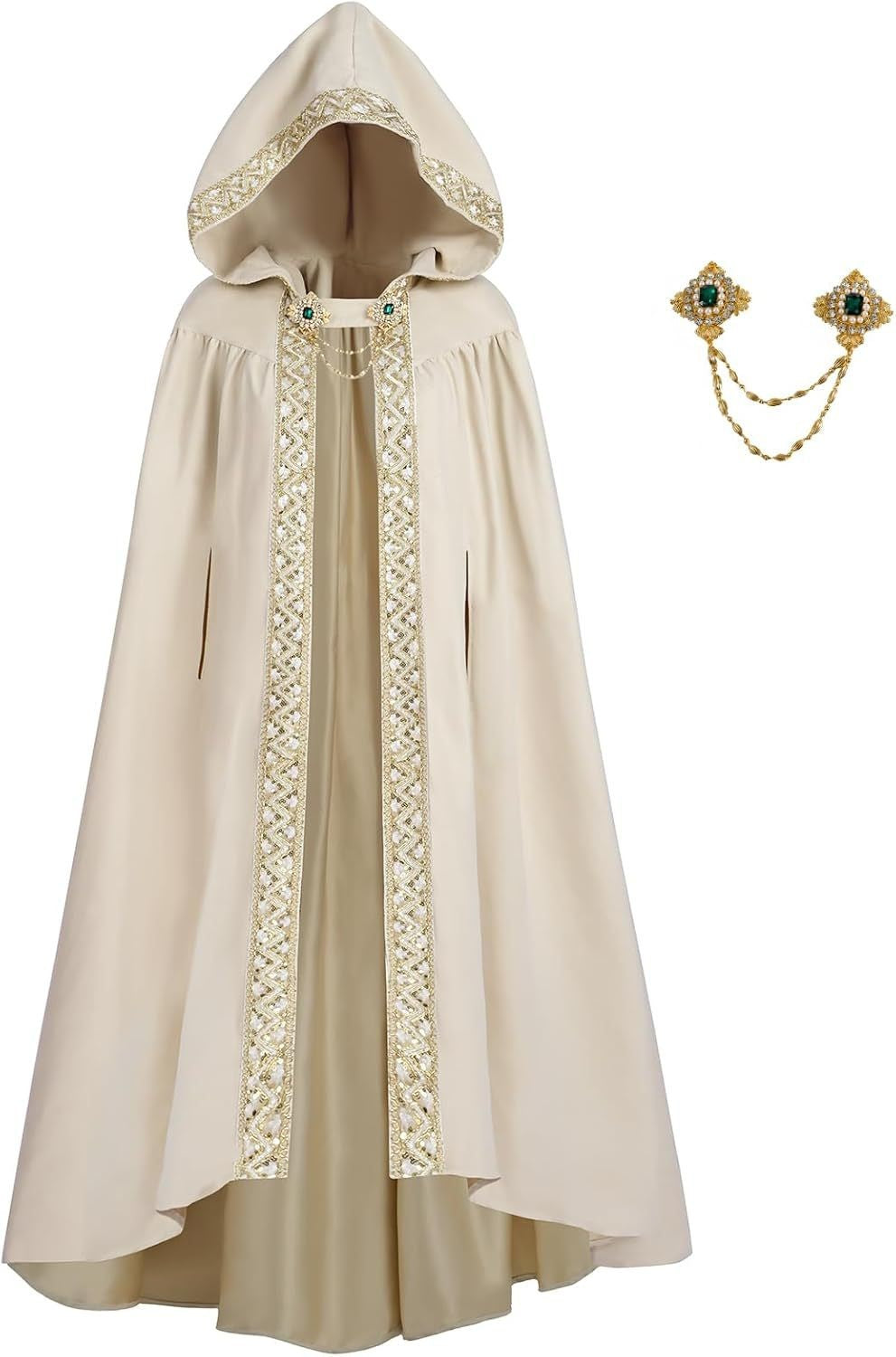 Elegant Medieval Hooded Floor Length CloakTrim Cape Chain Brooch for Adult Wedding Photoshoot Halloween Gothic Cosplay Costume