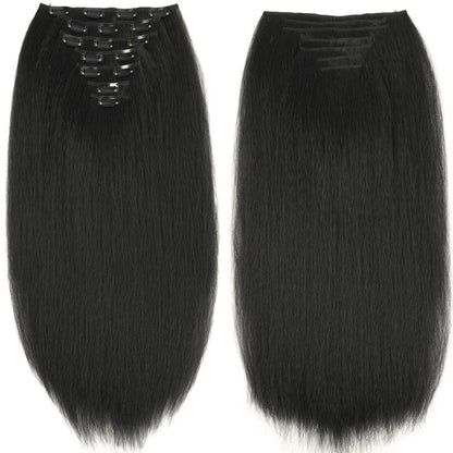 Apliques de Cabelo Sintético Kinky Liso 7 Peças 16 Clipes Yaki Liso 55cm Extensões de Cabelo para Cabeça Cheia
