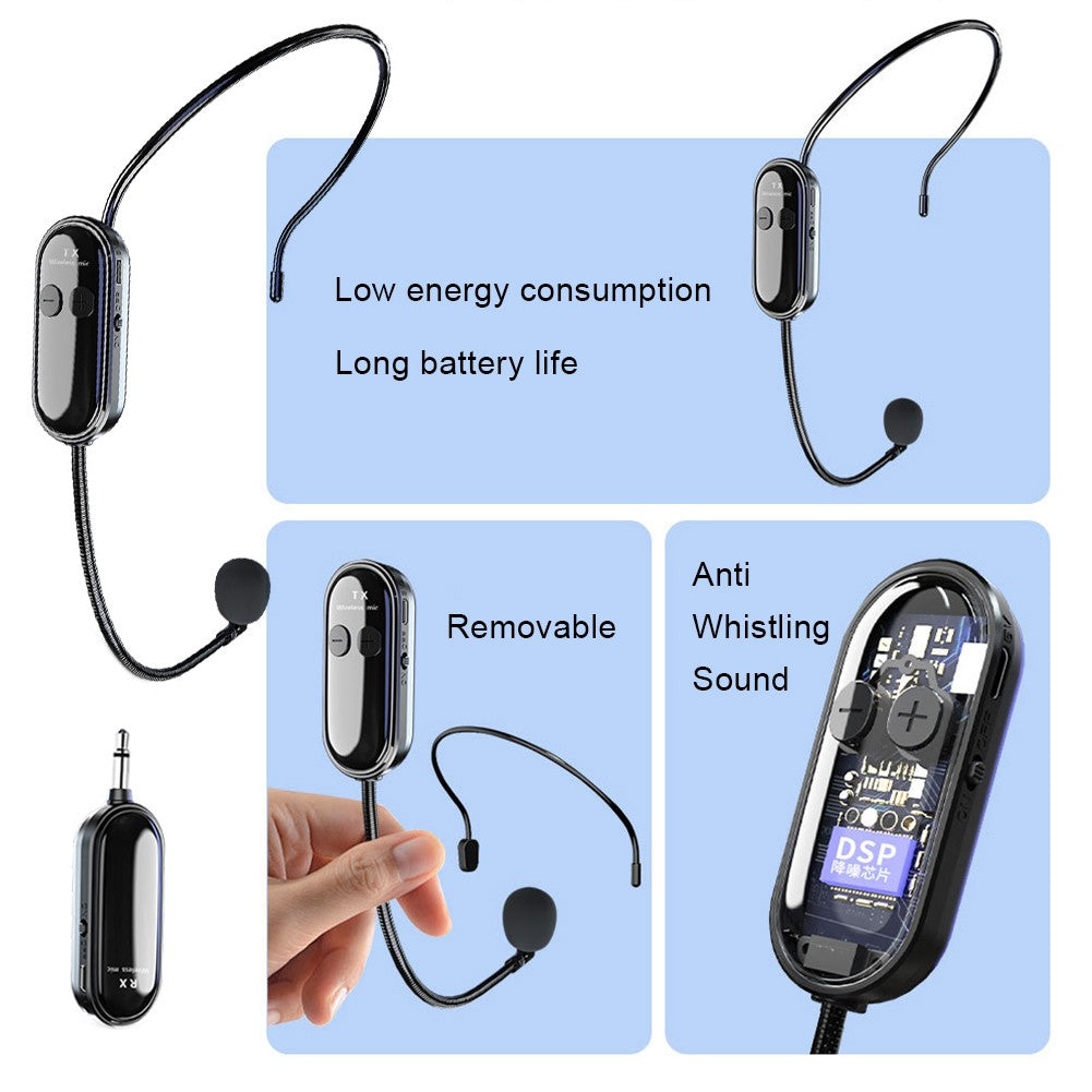 Microfone Headset Sem Fio 2.4G de Longo Alcance Microfone de Cabeça e Mão 2 em 1 para Amplificador de Voz, Caixas de Som de Palco, Aulas