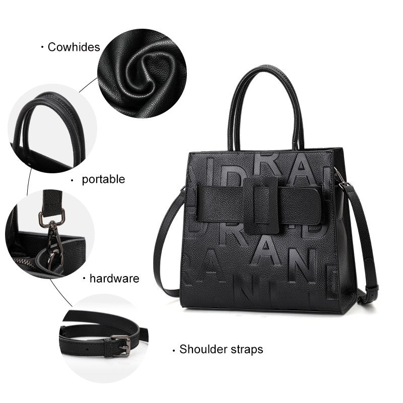 Aidrani women's large capacity handbag with letter print design, made of cowhide material, black