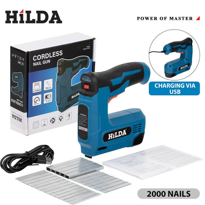 HILDA USBElectric 2 em 1 pistola de pregos a ar móveis pistola pneumática grampeador de moldura de madeira ferramenta pneumática ferramentas elétricas com 2000 unidades de grampos