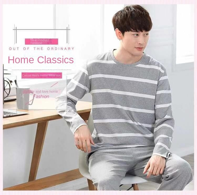 2Pcs/set men's pajamas set of large size long-sleeved long trousers autumn and winter students home clothing round neck autumn m