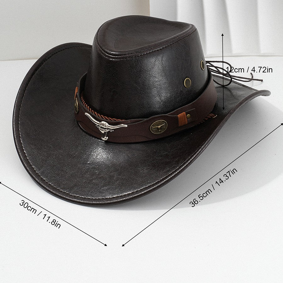 Unisex Vintage Faux Leather Western Cowboy Hat Outdoor Gentleman Cowgirl Jazz Cap Sombrero Hombre