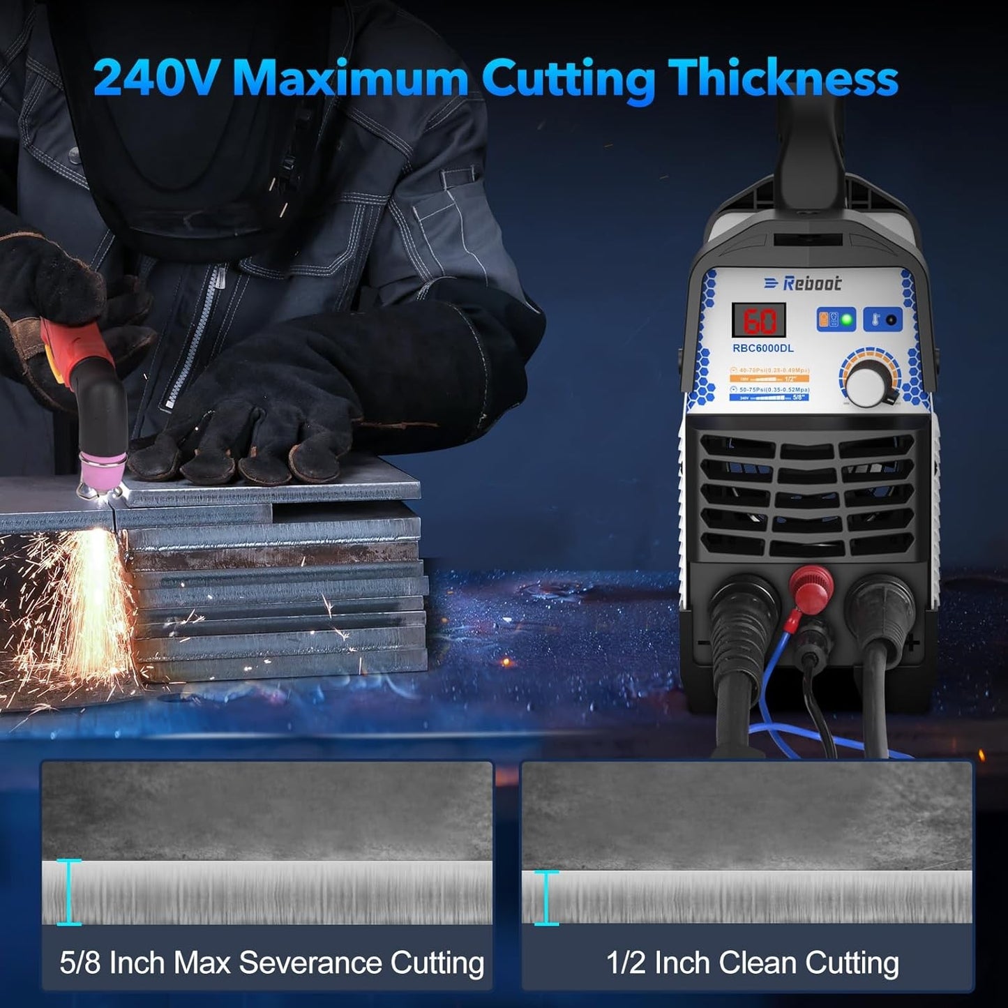 Máquina de Corte a Plasma Reboot Plasma Cutter 60 Amp Pilot Arc, sem Contato, Corte Limpo de 1/2 polegada (12mm), Corte de Separação de 3/4 polegadas (19mm) 110/220V