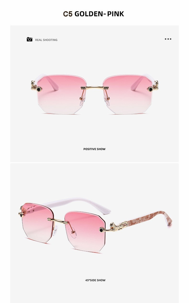 Square Sunglasses For Men Women Fashion Metal Leopard Head Rimless Eyewear Travel And Driving Shades Oculos De Sol UV400