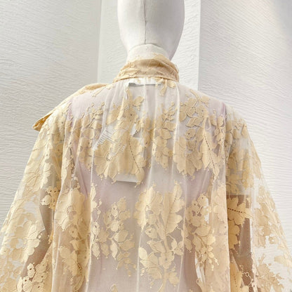 Milk Tea Color Long Sleeve Lace See Through Blouse Tops 2025 New Design