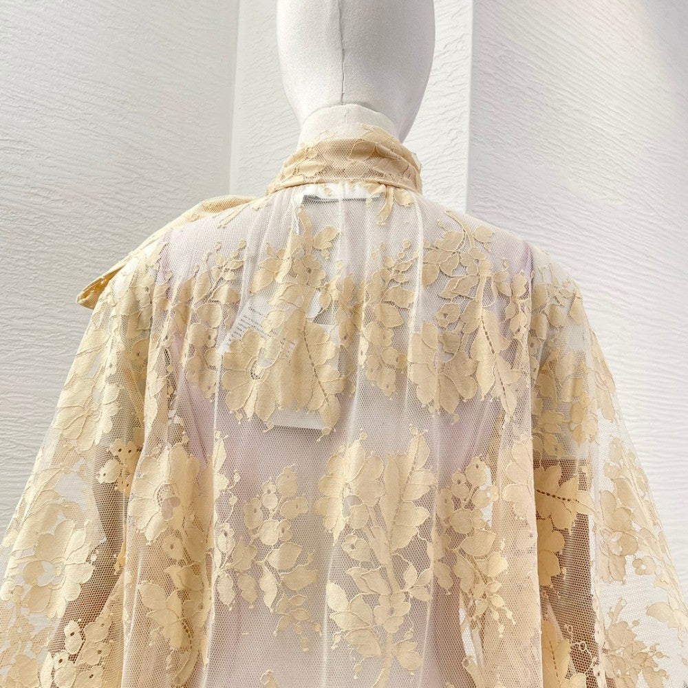 Milk Tea Color Long Sleeve Lace See Through Blouse Tops 2025 New Design