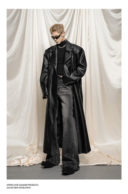 Mauroicardi Spring Autumn Oversized Cool Extra Long Black Pu Leather Trench Coat Men Zipper Loose Luxury European Fashion 2023