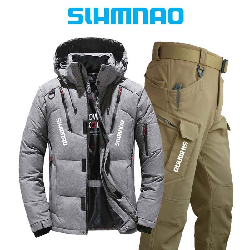 Conjunto de Pesca Quente e Resistente ao Vento e ao Frio de Inverno, Jaqueta Externa Quente, Jaqueta Grossa de Pluma de Ganso e Calças Táticas 2025