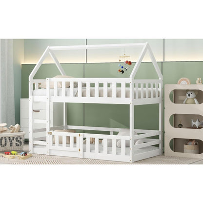 Estrutura de beliche dupla para crianças, meninos, meninas, adultos com cerca e porta, branco