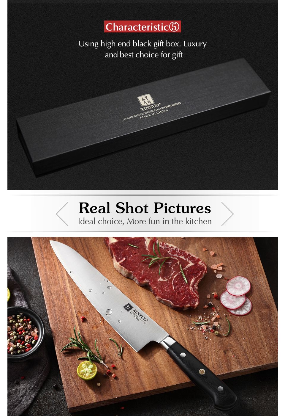 XINZUO 210mm Chef Knife 3 Layer 440C Core Clad Steel Kitchen Knives Stainless Steel Sharp Butchers Gyutou Knife with G10 Handle