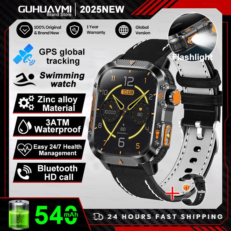 2026 Novas pulseiras inteligentes militares de GPS para ambientes externos, bússola masculina, frequência cardíaca, chamada BT, lanterna LED, Smartwatch à prova d'água 10ATM para natação