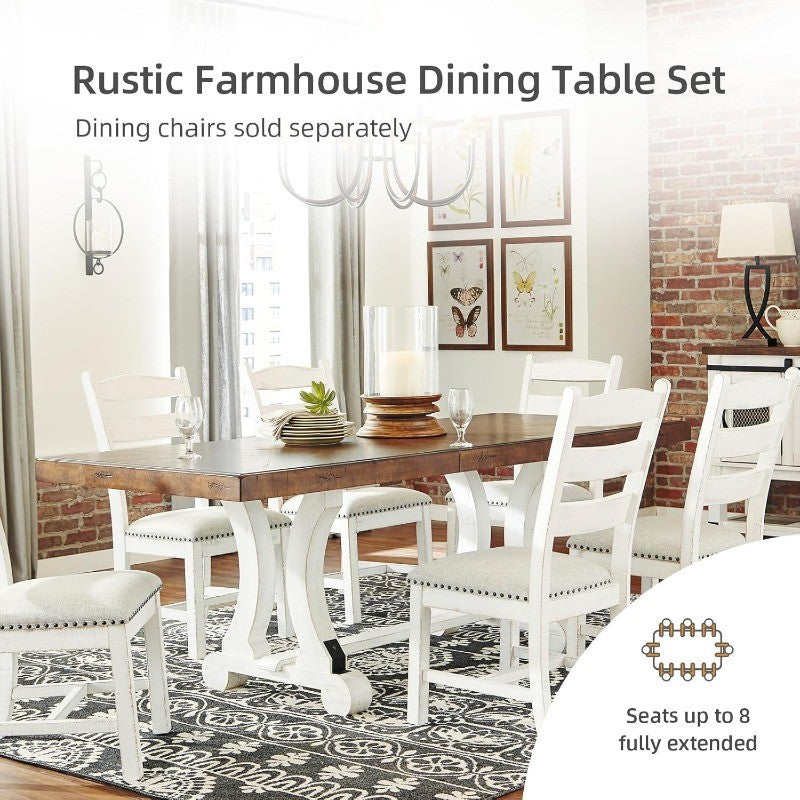 Valebeck Farmhouse Extension Dining Table, Fits 8 People Rectangular, White Brown Finish