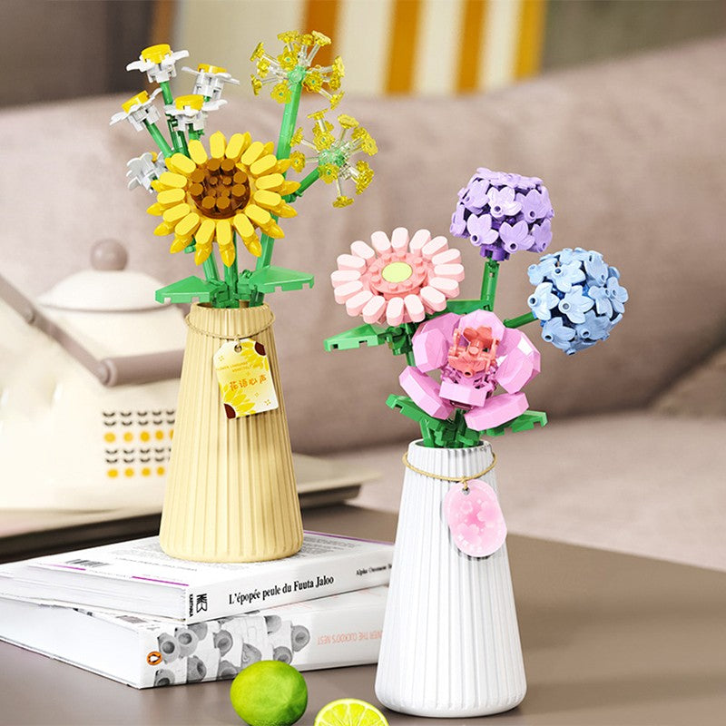 Flower Bouquet Building Blocks with Vase DIY Rose Sunflower Mini Bricks for Kids Birthday Party Favors Girls Gift Desktop Decor