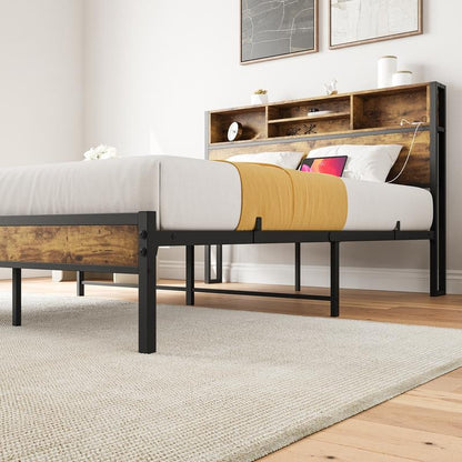 Full Size Bed Frame, Metal Platform Bed with Storage Headboard, Charging Station & Bookcase, No Box Spring Needed, Easy