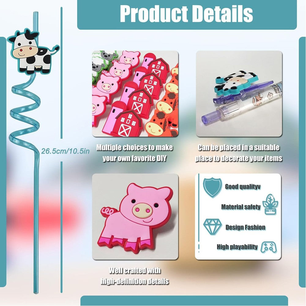 8pcs Reusable farm animal drinking straws party supplies chickens sheep horses cows pigs barns farms birthday party decorations