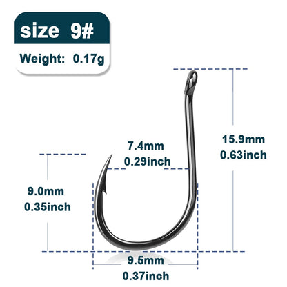 Anzóis Iseama 9KM 50~200 peças Anzol de Carpa Pesca de Água Salgada Anzol Circular Ponta de Agulha Forte Offset Anzol de Água Salgada com Farpa e Olhal