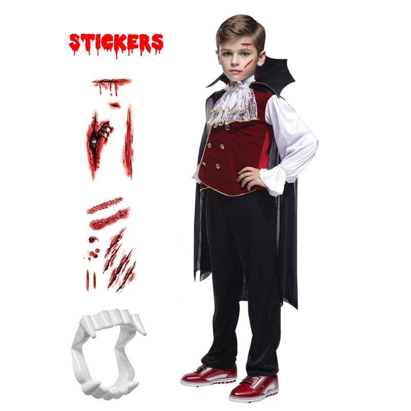 Kids Vampire Cosplay Costume for Boys Men Halloween Carnival Party Costumes with Walking Cane Stickers False Teeth