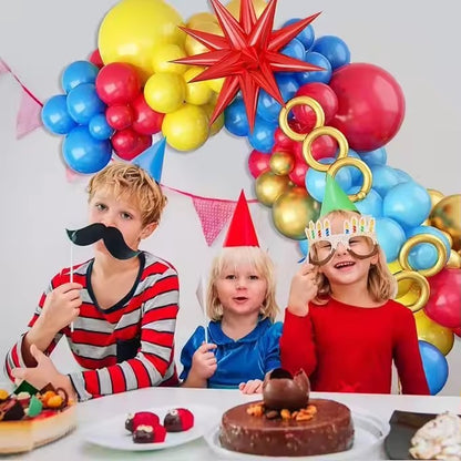 112Pcs Red Blue Yellow Balloons Metal Strip Balloons Arch Garland Kit Cartoon Carnival Circus Theme Birthday Party Decoration