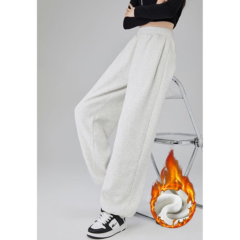 Winter Lady Snow Warm Thin Straight Leg Pants Girls Classic Daily Plush Trousers Women High Waist Thermal Fleece Pants