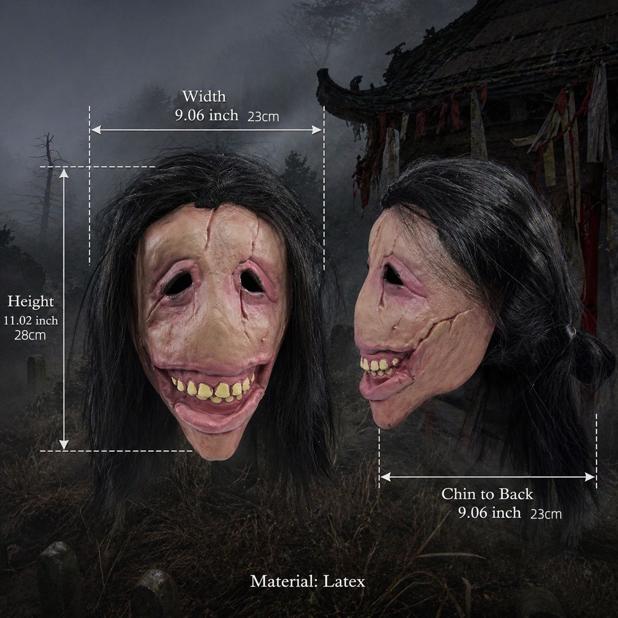Scary Female Ghost Mask Long Hair Latex Mask Full Face Creepy Smile Halloween Cosplay Horror Party Haunted House Prop