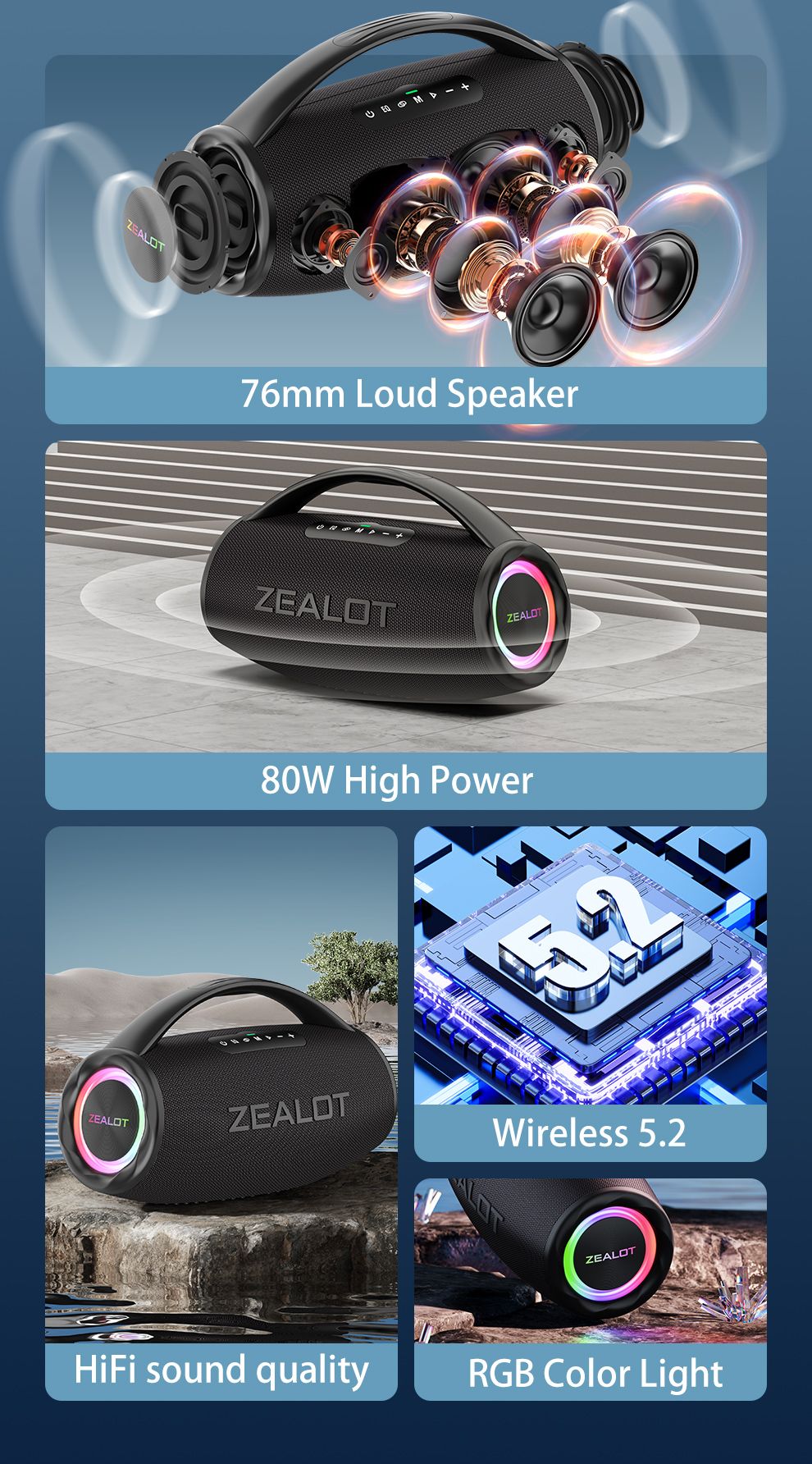 Alto-falante sem fio ZEALOT S97 80W, Subwoofer portátil para uso externo, Qualidade de som Hifi, Emparelhamento duplo, Carregamento rápido, 16000mAh.