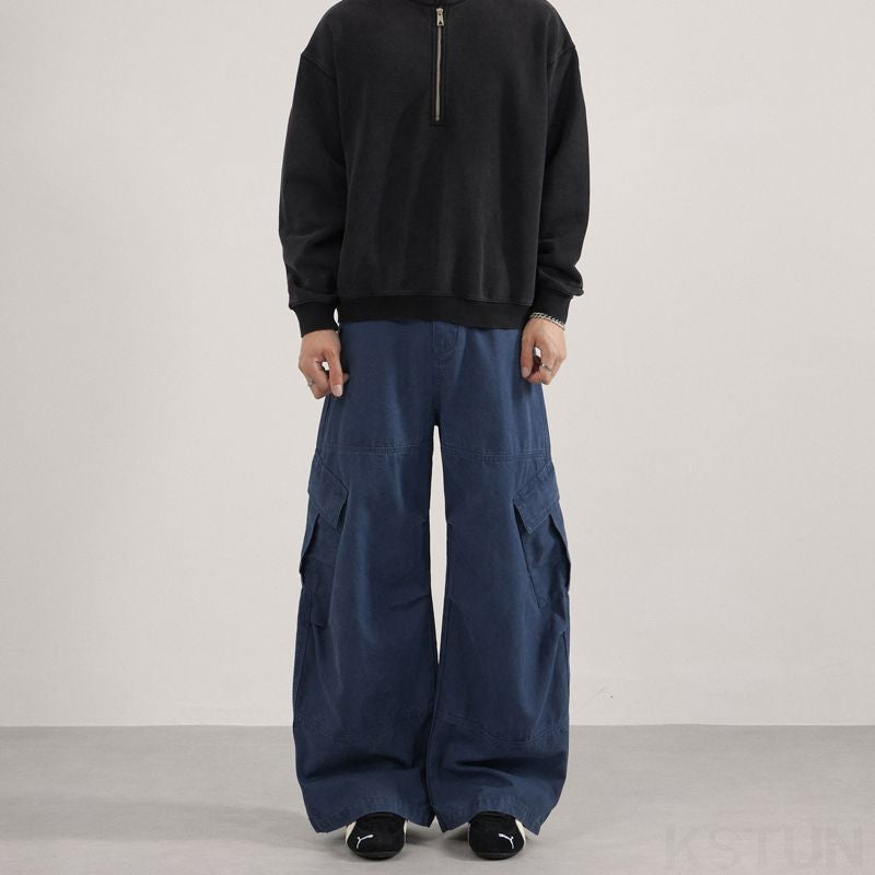 KSTUN 2025 Men Washed Vintage Cargo Pants 100% Cotton Loose Fit Oversize Multi-Pockets Trousers Blue Male Casual Scimitar Pants