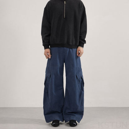 KSTUN 2025 Men Washed Vintage Cargo Pants 100% Cotton Loose Fit Oversize Multi-Pockets Trousers Blue Male Casual Scimitar Pants