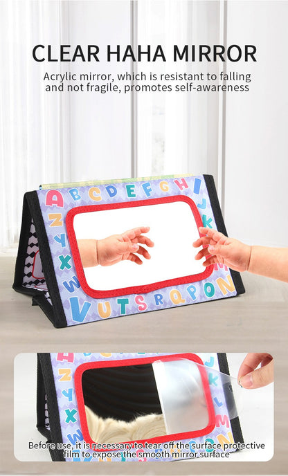 Livro de Pano Engraçado em Preto e Branco para Bebês Brinquedo Educacional Montessori para Crianças Recém-nascidos Brinquedos com Espelho para Tummy Time