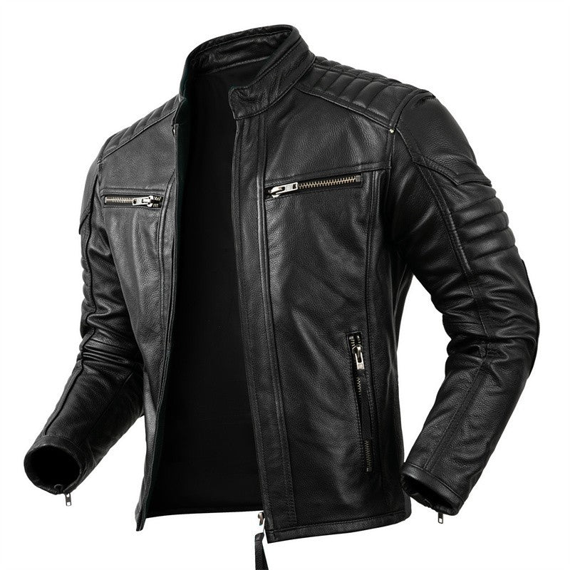Men's Natural Leather Jacket First Layer Calfskin Stand Collar Motorcycle Jacket Retro Brown Cowhide Jacket Men‘s Biker Clothes