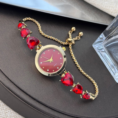 Ladies' quartz watch with three heart-shaped diamond-encrusted bracelet round alloy case and mixed scale simple light luxury