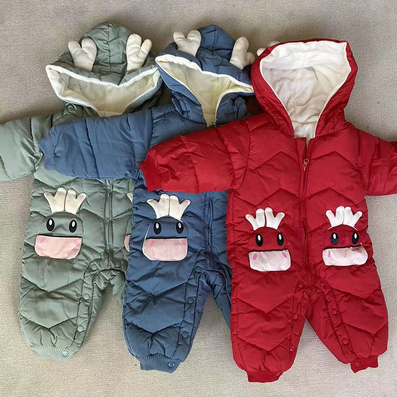 Demin-season Winter Kids Boys Rompers 2025 Cartoon Pockets Hooded Bodysuit For 0-3Y Newborn Infant Babys Boys One-piece Jumpsuit