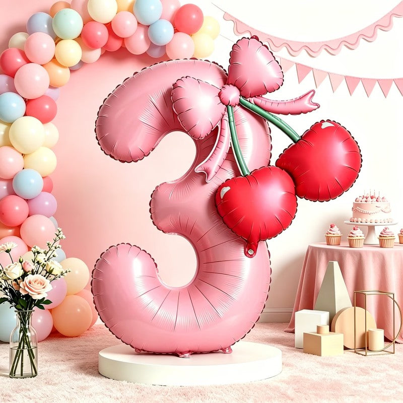 Cherry & Bow Balloon Kit Pink Number Balloons Birthday Wedding Anniversary Holiday Party Background Shooting Props