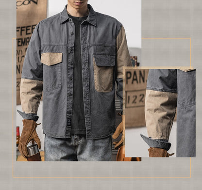 Spring and autumn new American vintage khaki loose long-sleeved shirt Japanese casual cargo shirt men's patchwork trend top