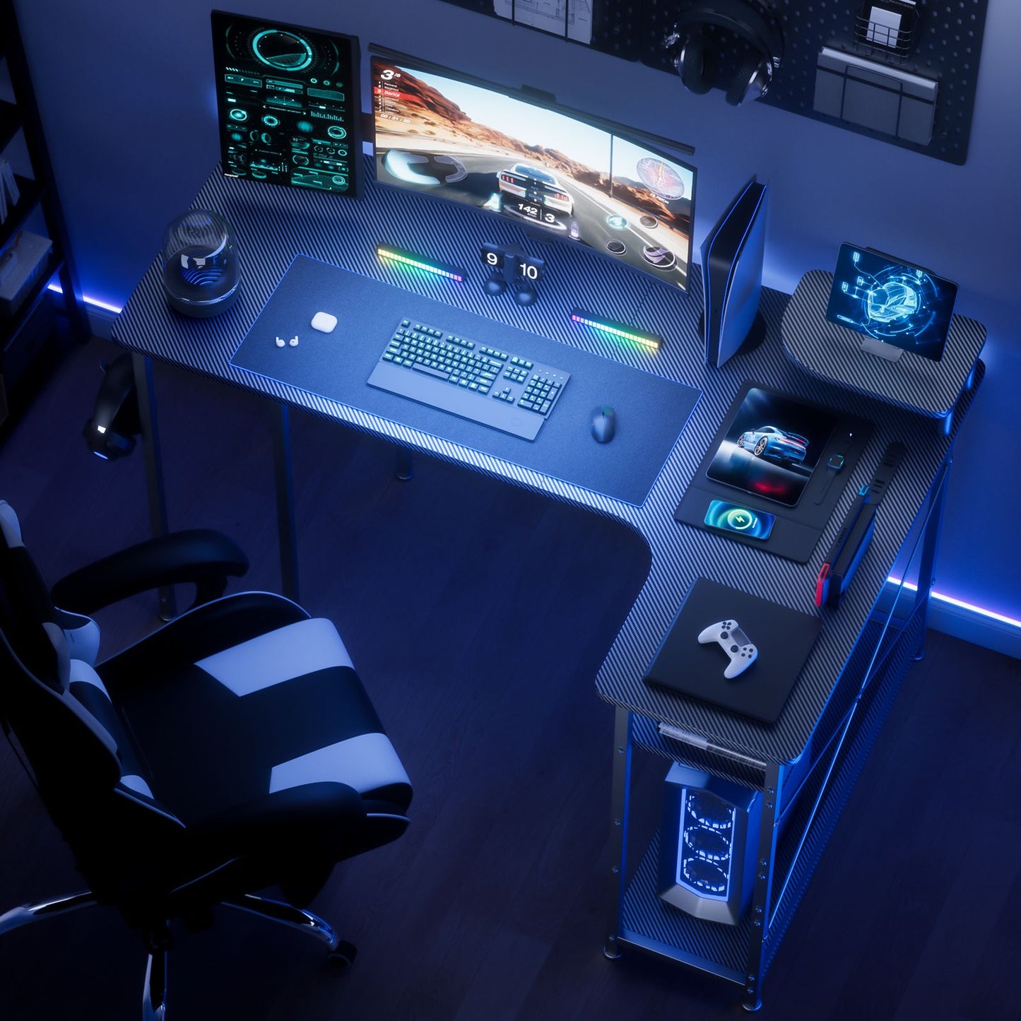 Mesa Gamer em L com Gavetas, Mesa de Computador em Fibra de Carbono com Suporte para Monitor, Mesa Gamer para Escritório Doméstico