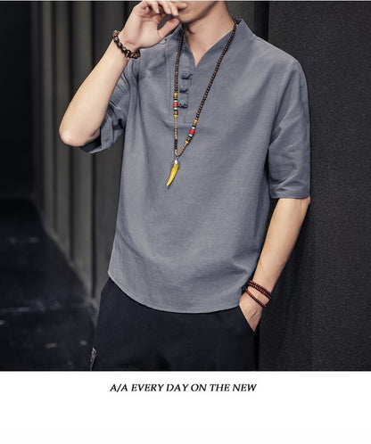 2023 Men Summer Cotton Linen Tang Shirt Men Chinese Style Button Short-Sleeved Shirts Male Blouse Vintage Kung Fu Hawaiian Shirt