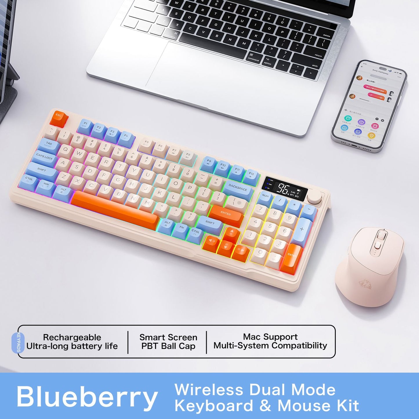 Teclado Sem Fio FreeWolf M96 com Tela, Teclado Gamer Bluetooth Conexão Dual-Mode, Conexão Multi-Dispositivos, Ergonômico