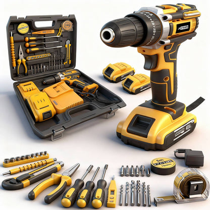 Furadeira Parafusadeira a Bateria 48V - 25+3 Níveis de Torque, Motor Brushless, 1500RPM, 2 Baterias, Luz LED, Conjunto Completo de Furadeira e