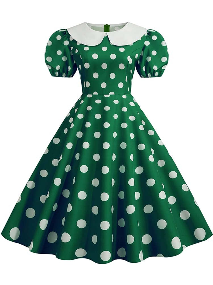 Elegant Women Summer Dress Puff Short Sleeve Polka Dot Peter pan Collar Vintage A-line Midi Long Party Sundress