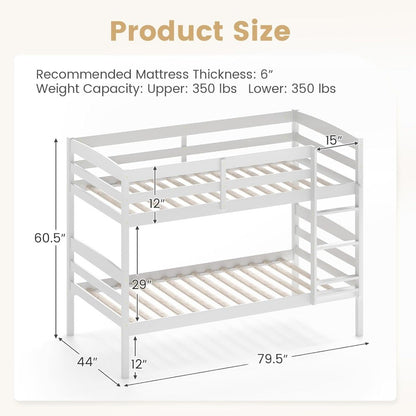 Bunk Bed Twin Over Twin, Solid Wood Detachable Bed Frame with High Guardrails & Integrated Ladder, Wooden Slatted B