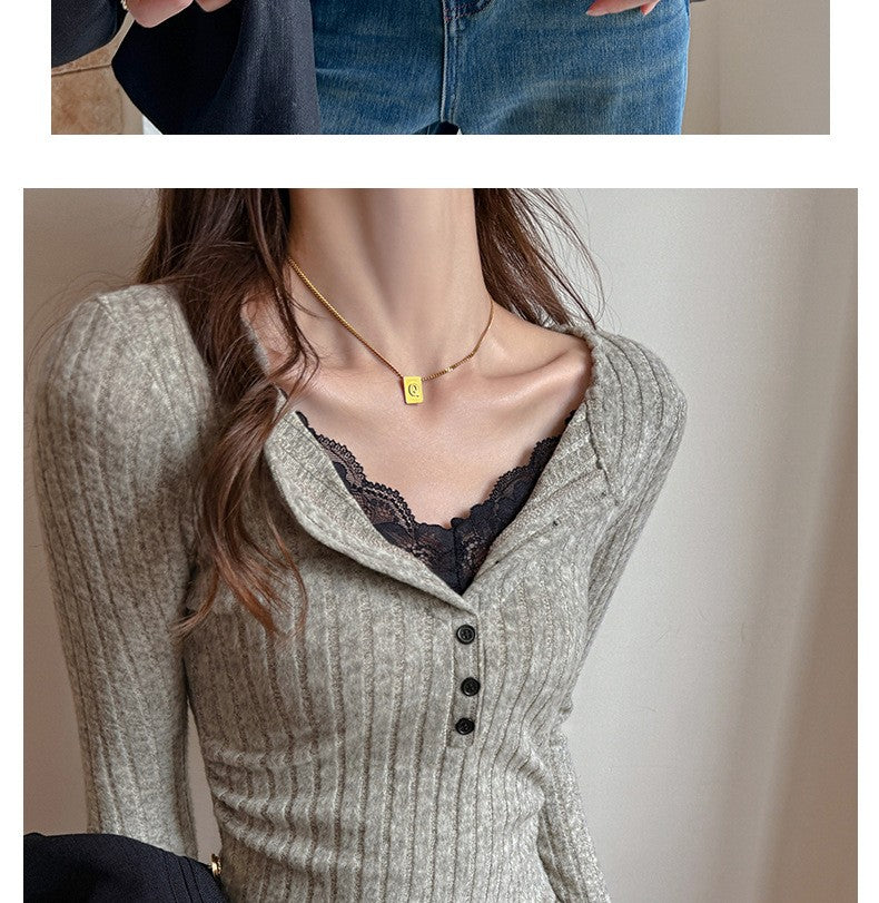 Lace Slim-fitting Bottoming Shirt Fake Two Piece Long Sleeve T-Shirt Women Chic Button Pit Striped Tops Autumn Winter Base Tees
