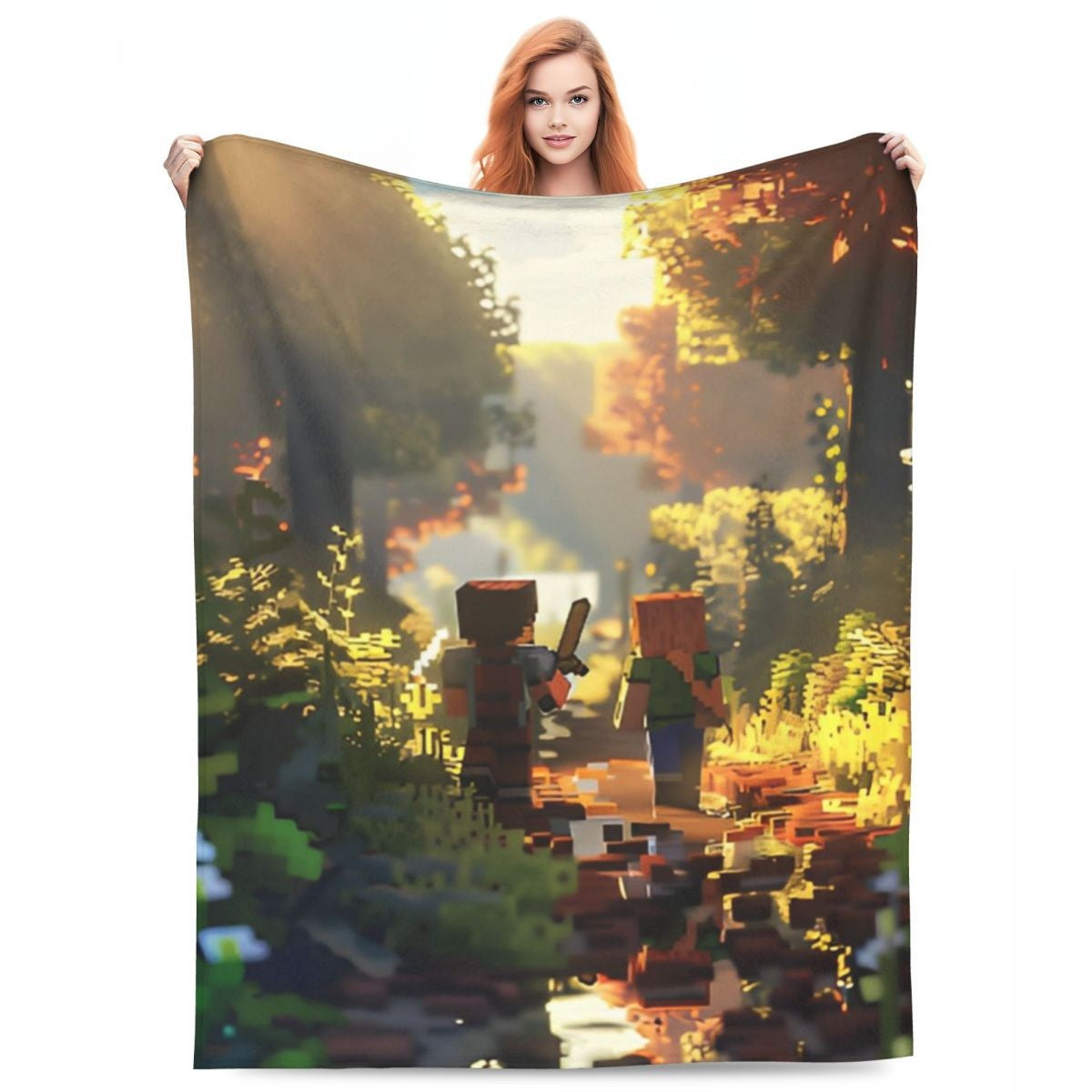 Cartoon Mines Pixel Game Crafts Flannel Blanket Super Warm Throw Blanket for Home Decor Decorative Street Trend Bedspread