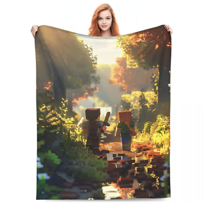 Cartoon Mines Pixel Game Crafts Flannel Blanket Super Warm Throw Blanket for Home Decor Decorative Street Trend Bedspread