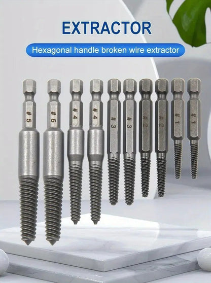 Conjunto de Extratores de Parafuso com Haste Hexagonal de 10 peças, Extrator de Parafuso Quebrado, Chave de Fenda para Remover Parafusos Quebrados, Conjunto de Ferramentas para Furadeira Elétrica