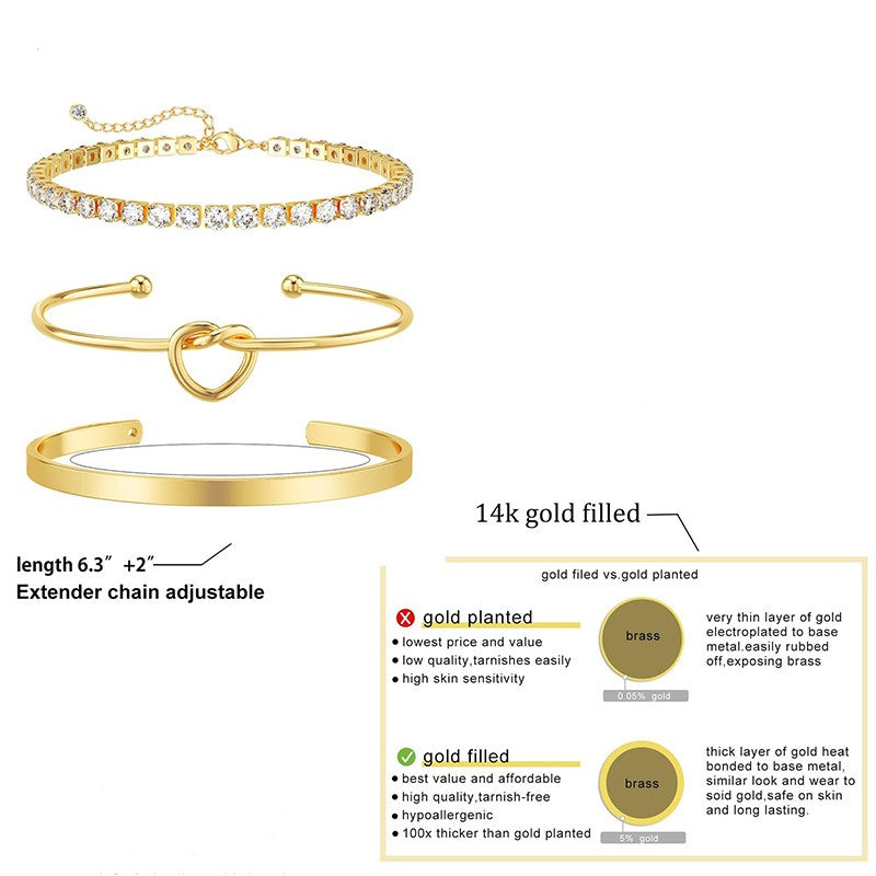 3 pulseiras de aço inoxidável banhadas a ouro para mulheres, joias ajustáveis, presentes, pulseiras de corrente de zircônia de luxo, acessórios de joias
