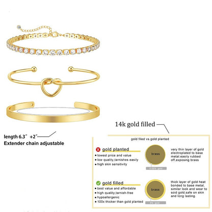 3 pulseiras de aço inoxidável banhadas a ouro para mulheres, joias ajustáveis, presentes, pulseiras de corrente de zircônia de luxo, acessórios de joias