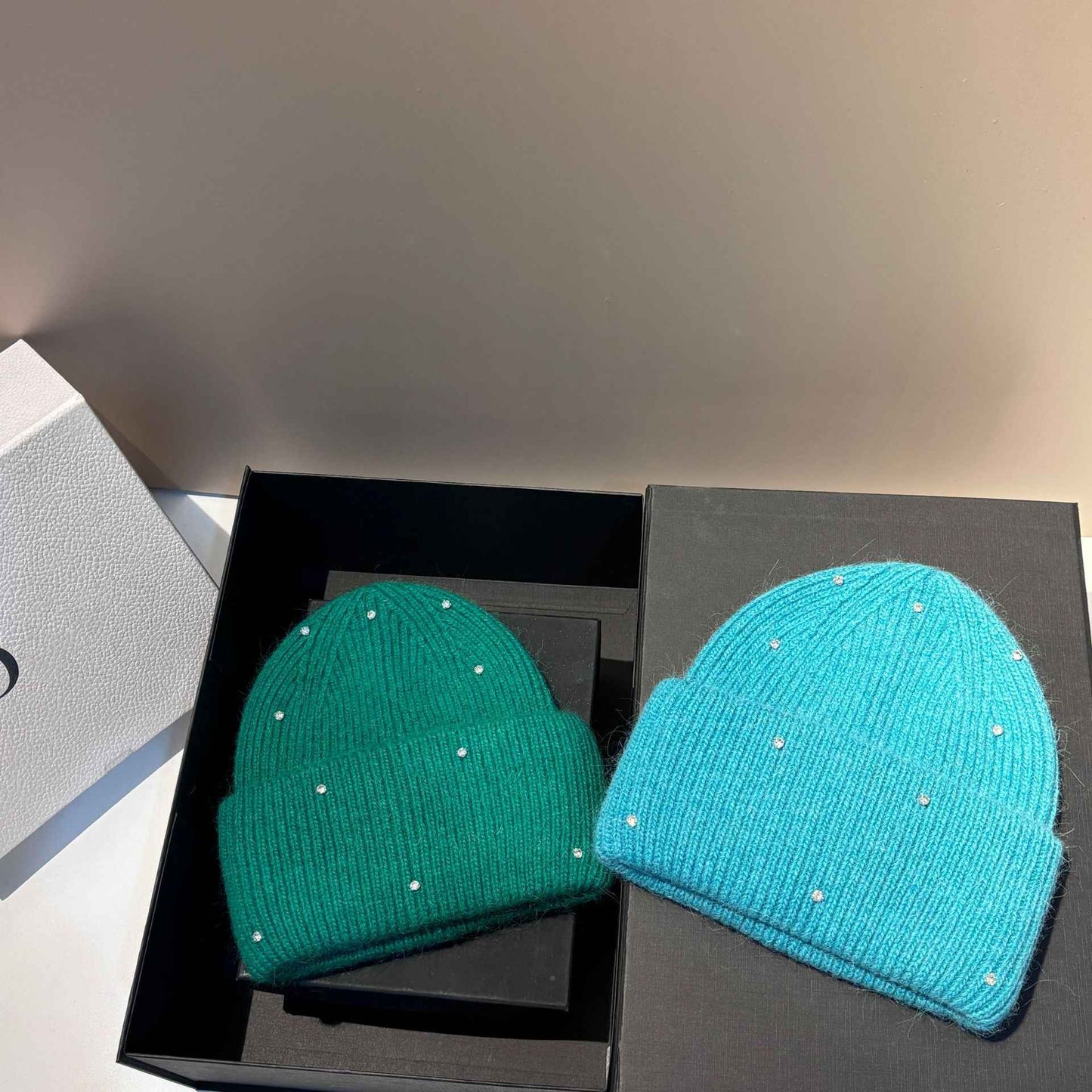 Rhinestone Decor Rabbit Fur Knitted Hat Warm Ear Flap Beanie for Women Luxury Soft Slouchy Cap Face Slimming Design