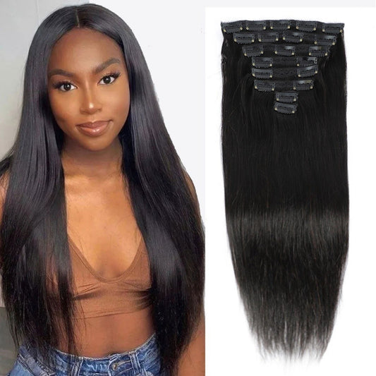 Natural Straight Clip In Human Hair Extensions  Brazilian Virgin Full Head Clip-On HairPiece  For Women