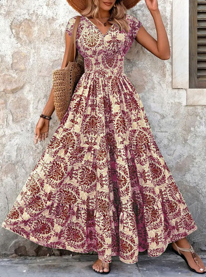 2025 vintage printed dress fashionable and elegant V-neck short sleeved jumpsuit long skirt women's clothing